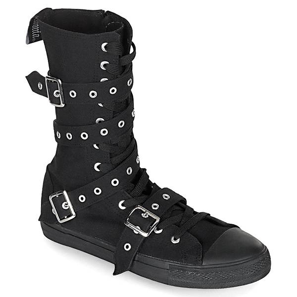Demonia Deviant-204 Black Canvas Schuhe Damen D304-569 Gothic Hohe Sneakers Schwarz Deutschland SALE